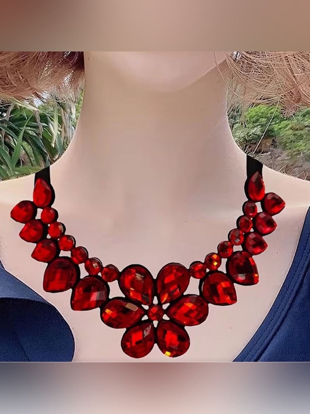 1- Red Faceted Crystal Floral Statement Necklace